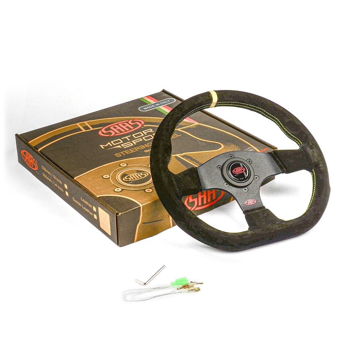 SAAS Steering Wheel Suede Pista 13"/330mm Indicator Contoured Grip Yellow Stitch