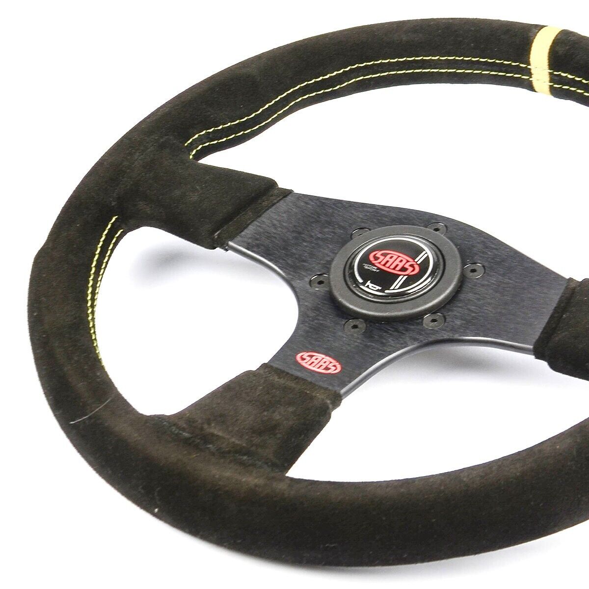 SAAS Steering Wheel Suede Corsa 13"/330mm Indicator Contoured Grip Yellow Stitch