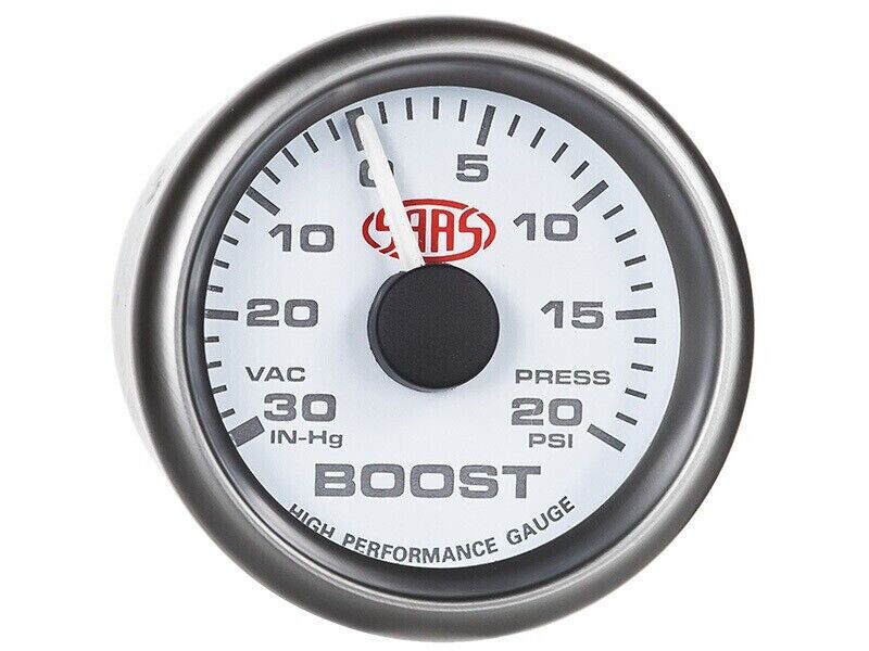 SAAS Performance Boost 52mm 2in 30 IN-HG > 20 PSI Gauge White for S14 Nissan