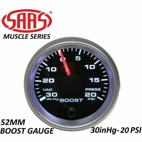 SAAS Turbo Boost 52mm 2in 30 IN-HG > 20 PSI Analog Gauge Black Face Silver Rim