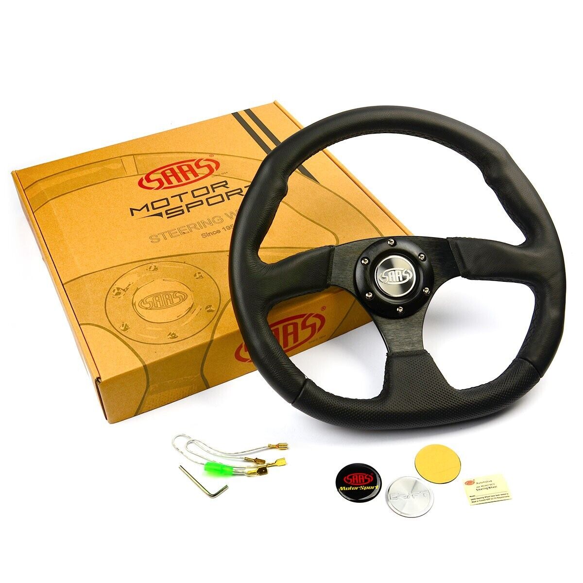 SAAS Steering Wheel Leather 14" ADR Black Flat Bottom