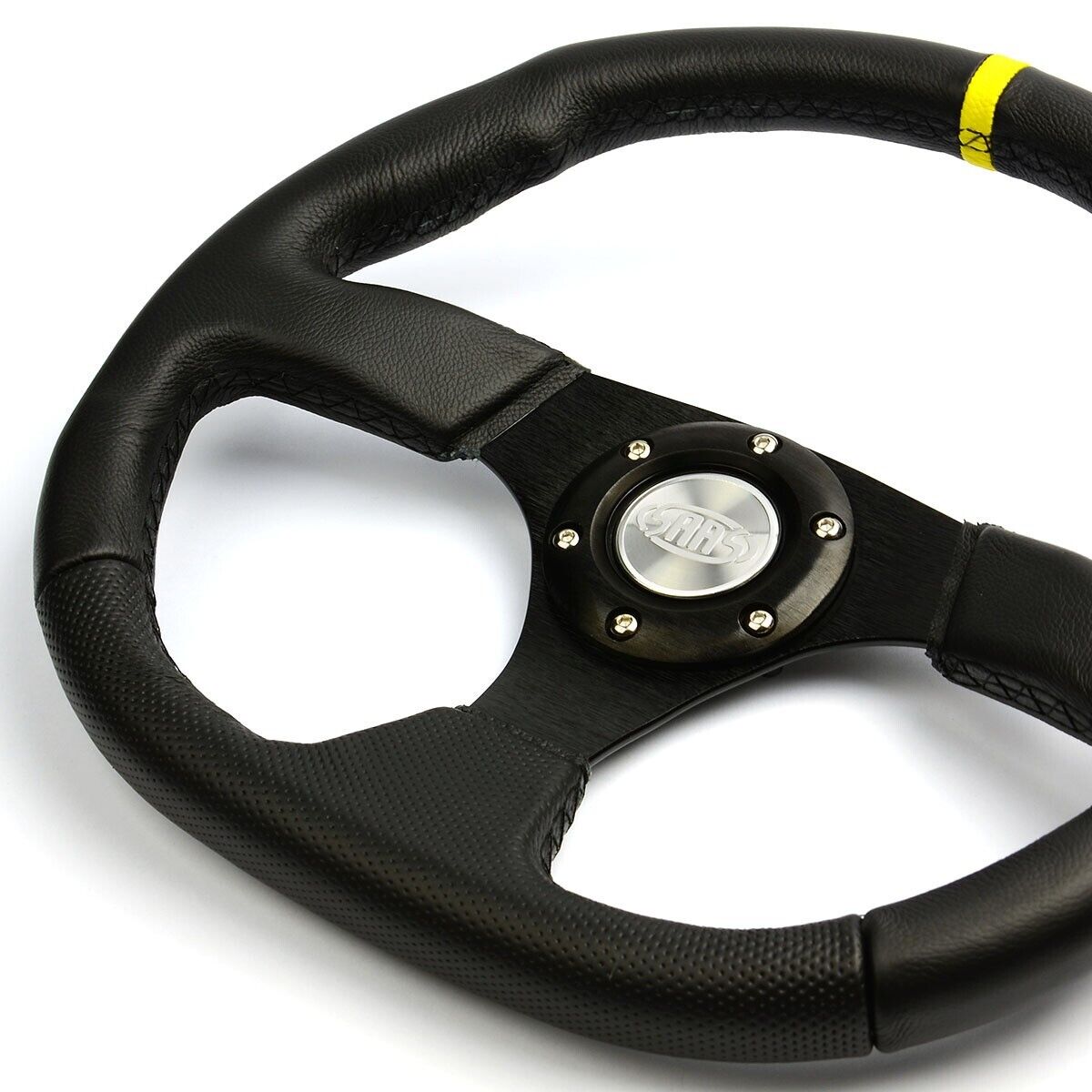 SAAS Steering Wheel Leather 350mm ADR Black Flat Bottom + Indicator