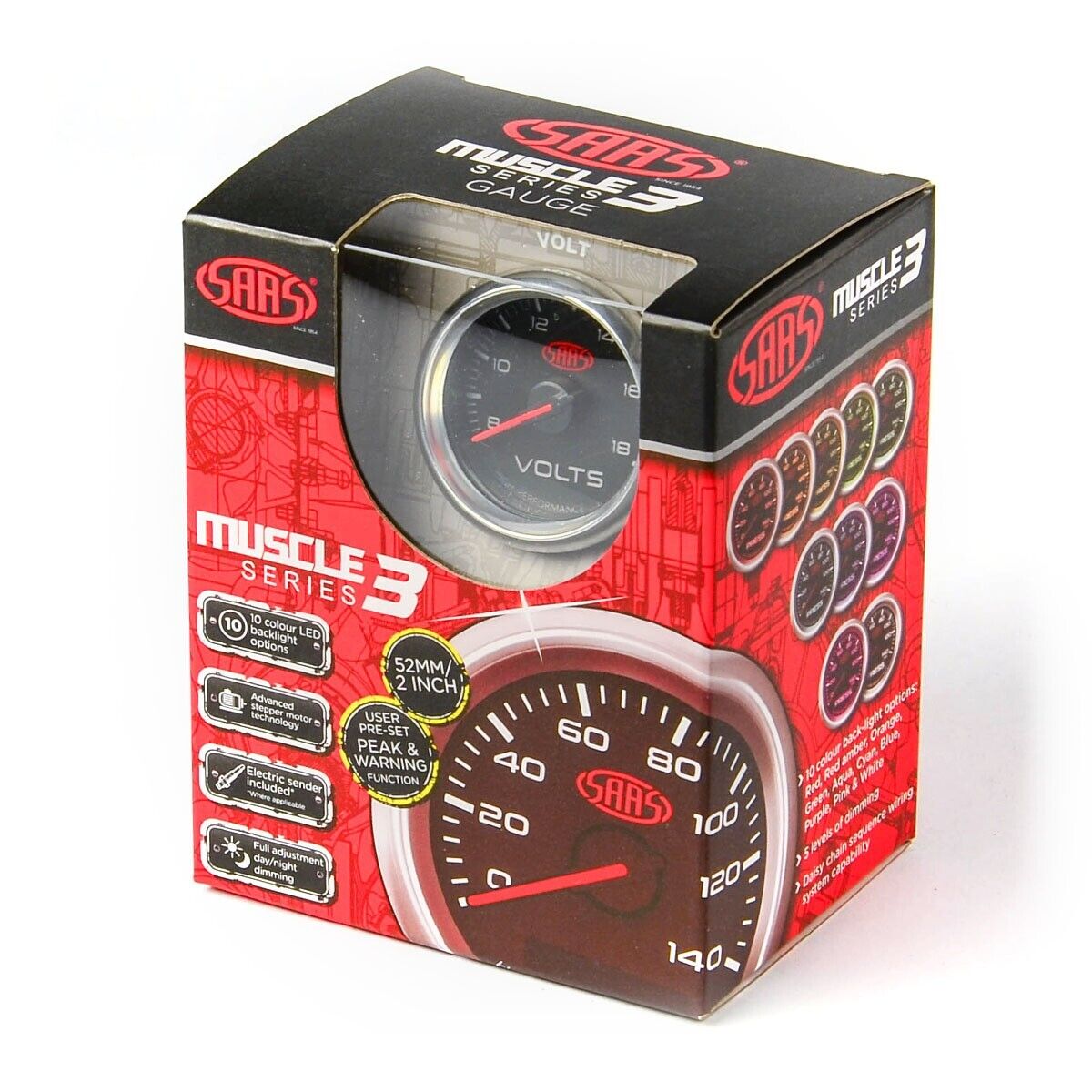 SAAS Volt Gauge 8v-18v 52mm Black Muscle Series 3