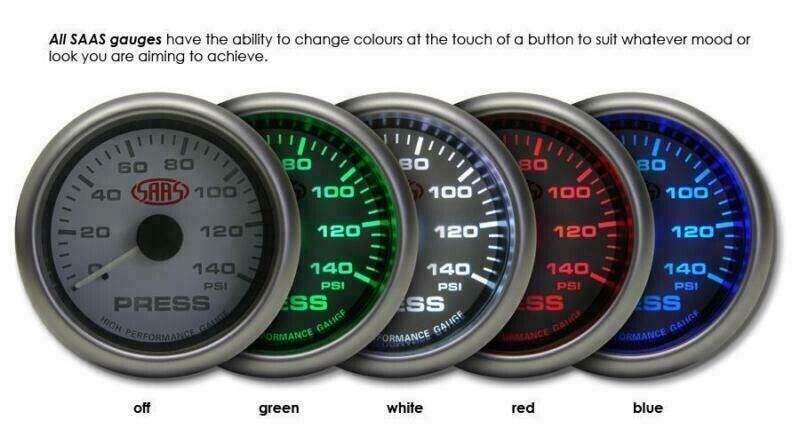 SAAS Performance Tacho Tachometer 52mm Analog Gauge White Face 4 Colour Lighting