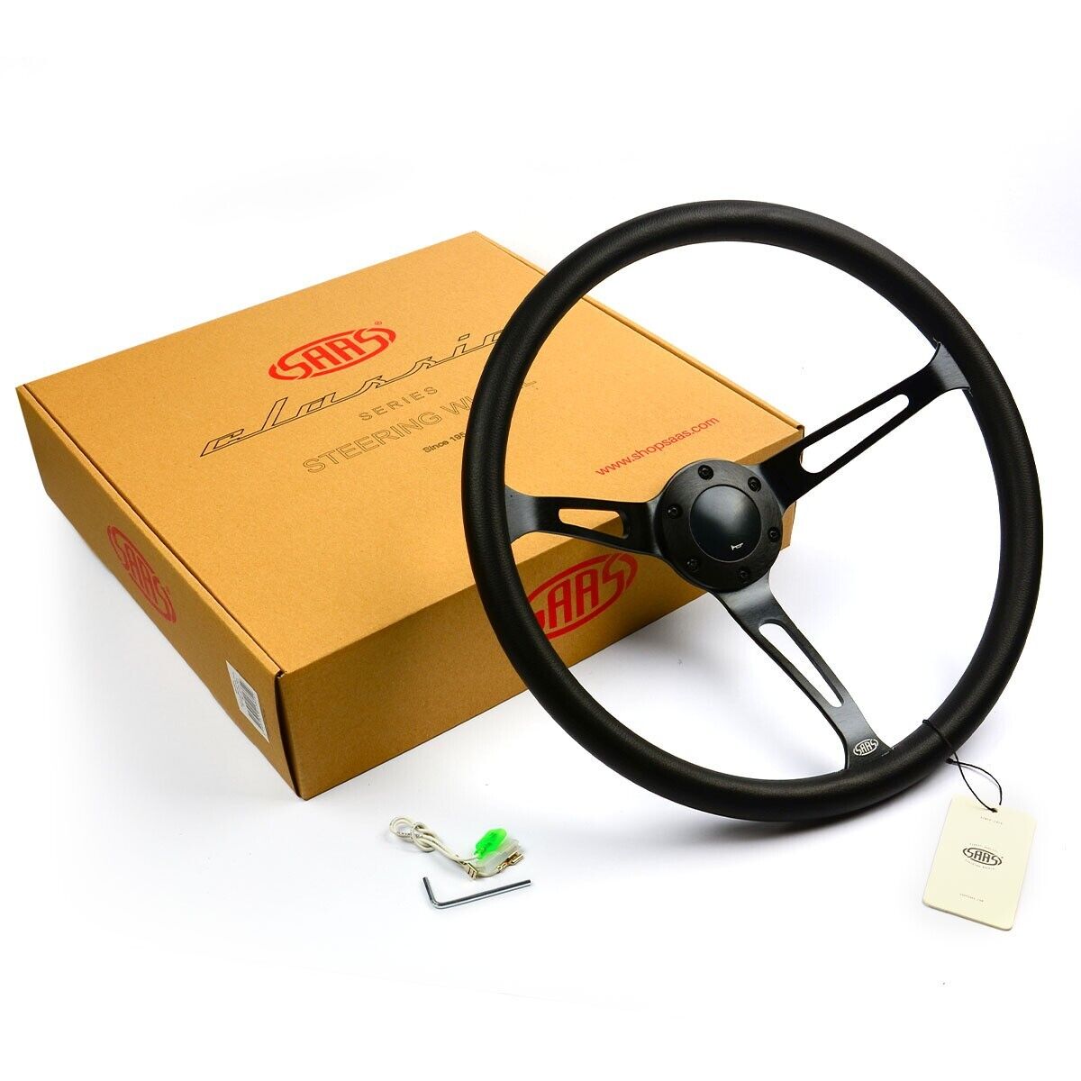 SAAS Steering Wheel Poly 380mm Classic Deep Dish Black Alloy Slots