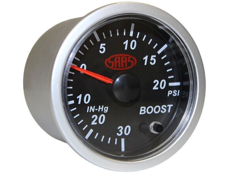 SAAS Streetline Series Boost 52mm 2in 30 IN-HG>20 PSI Gauge Black Face 7 Colours