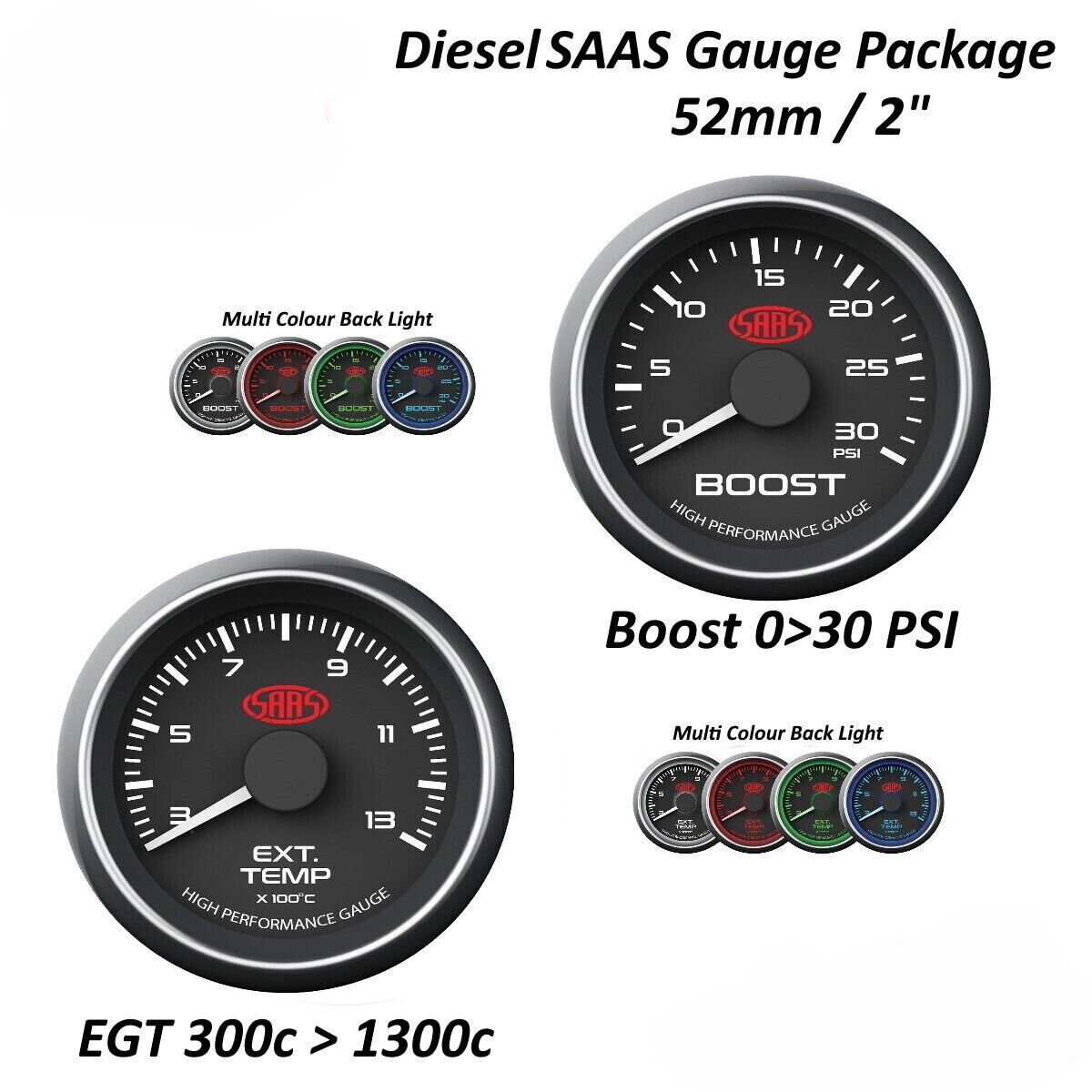 SAAS Muscle Series Performance Diesel EGT 0>13 & Boost 52mm Gauge Combo Black