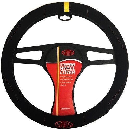 SAAS Steering Wheel Cover Black Suede With Yellow Indicator And Logo 380mm