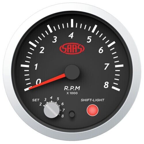 SAAS Tachometer Tacho 0-8K Shiftlite 3-1/2 Gauge 89mm Black Streetline Series