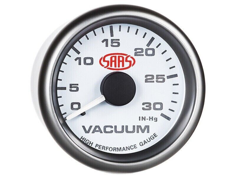 SAAS Vacuum 52mm 2in 0 > 30 in HG Analog Gauge White Face Grey Rim 4 Colour