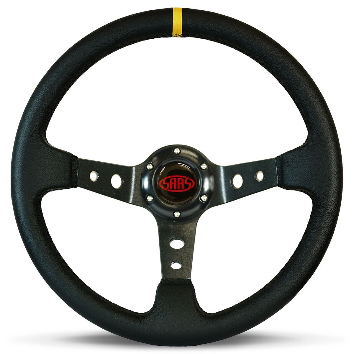 SAAS Steering Wheel Leather 350mm ADR GT Deep Dish Black With Holes + Indicat