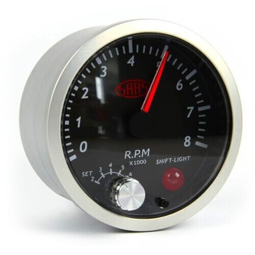 SAAS Tachometer Tacho 0-8K Shiftlite 3-1/2 Gauge 89mm Black Streetline Series