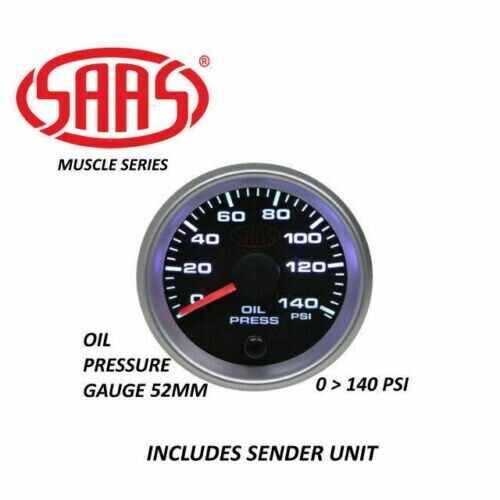 SAAS Oil Pressure 0>140PSI 52mm Analog Gauge Black Face Silver Rim 4 Colour