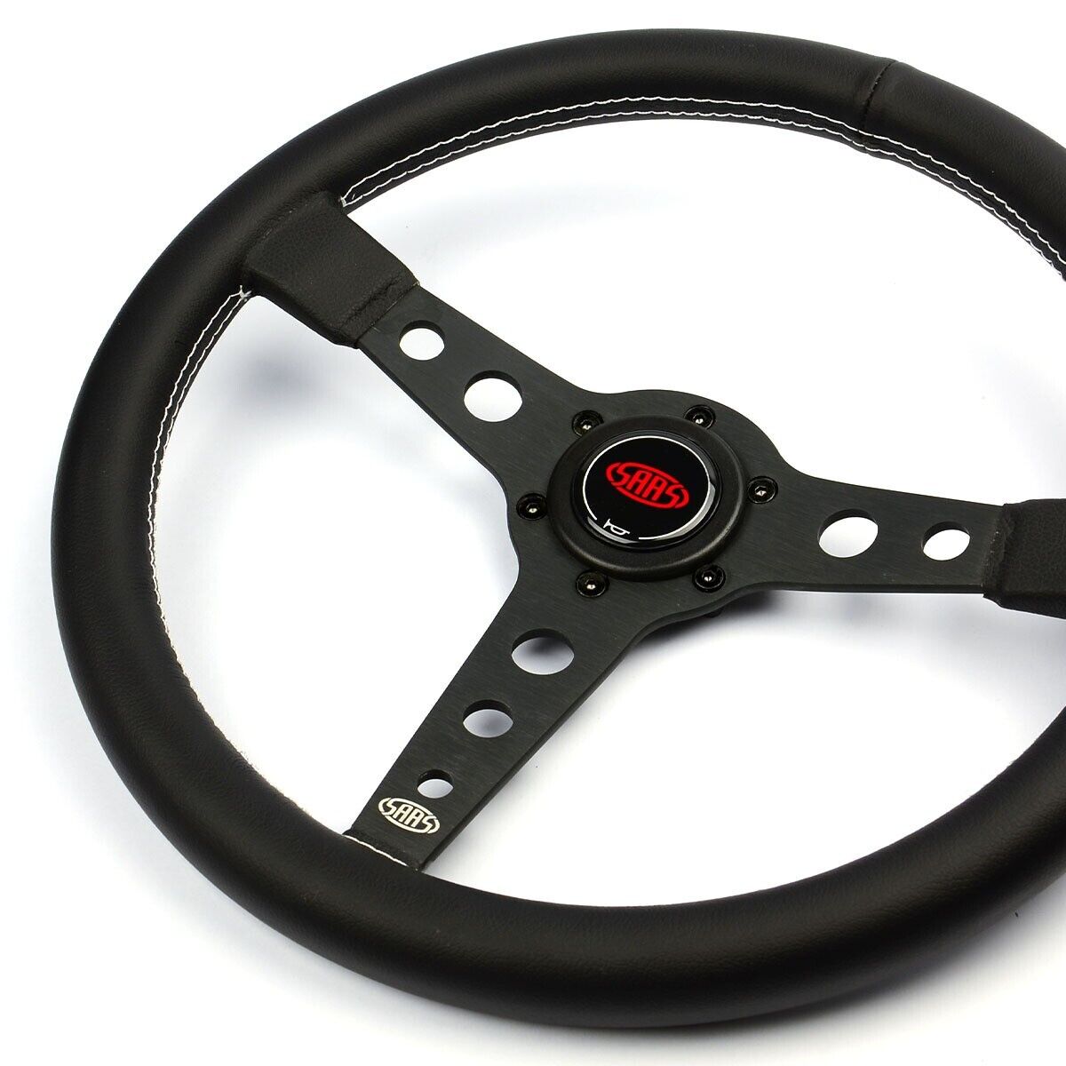 SAAS Steering Wheel Leatherette 14" ADR Retro Black Spoke White Stitching