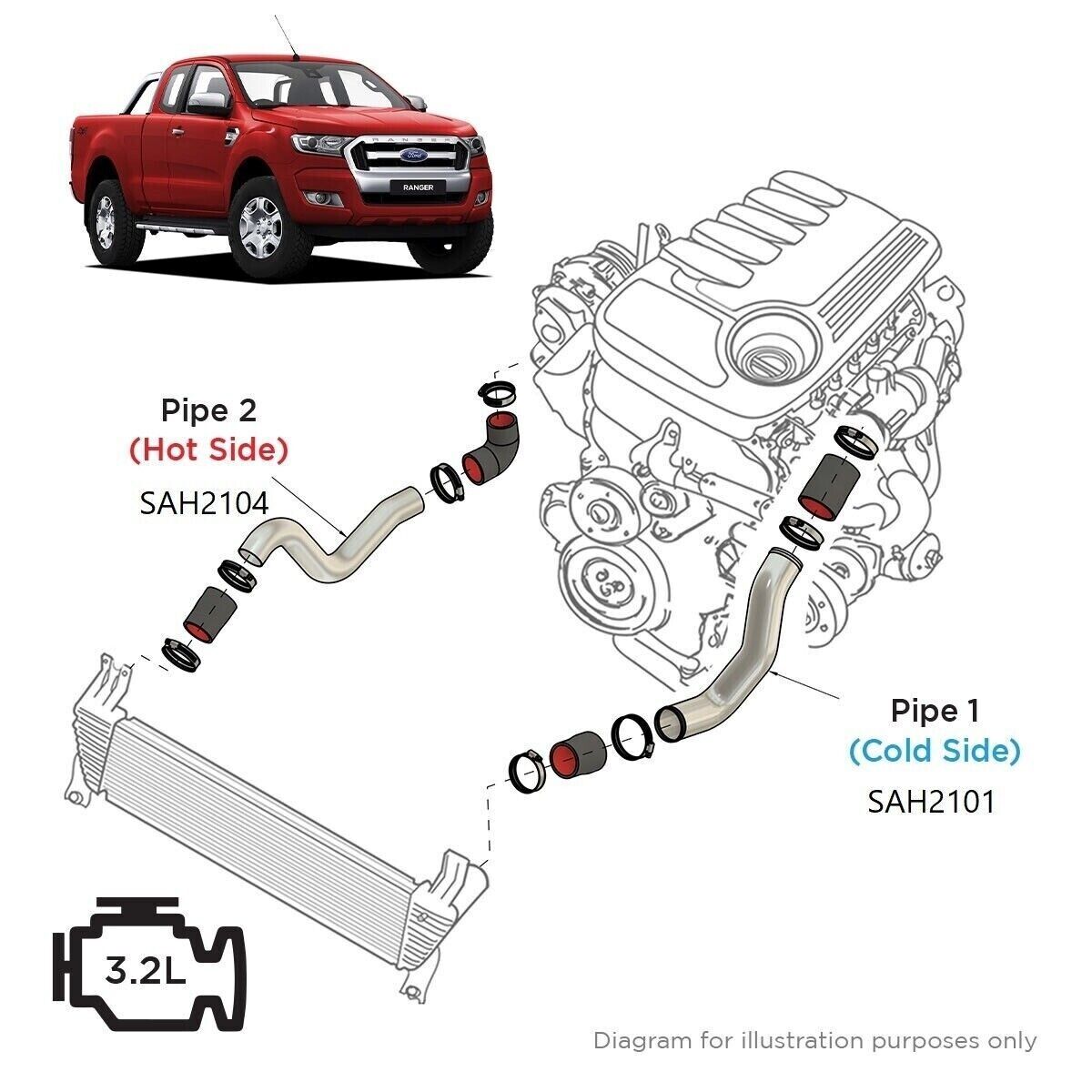 SAAS Intercooler Polished Alloy Pipe Cold Side For Ford Ranger/Mazda BT50 3.2L