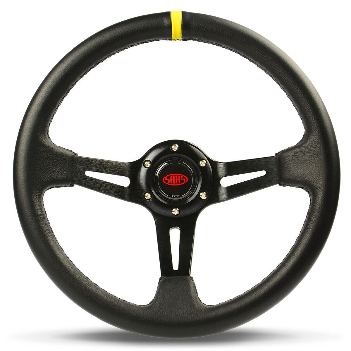 SAAS Steering Wheel Leather 350mm ADR Deep Dish Black Slotted + Indicator