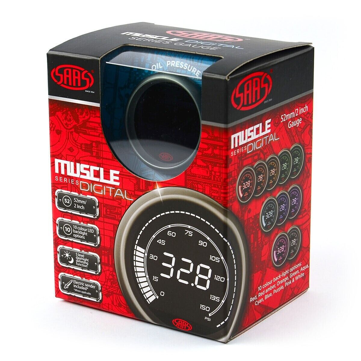 SAAS Muscle Digital Series Water Temp 20-120Deg Oil Pressure 150 psi Gauge 52mm