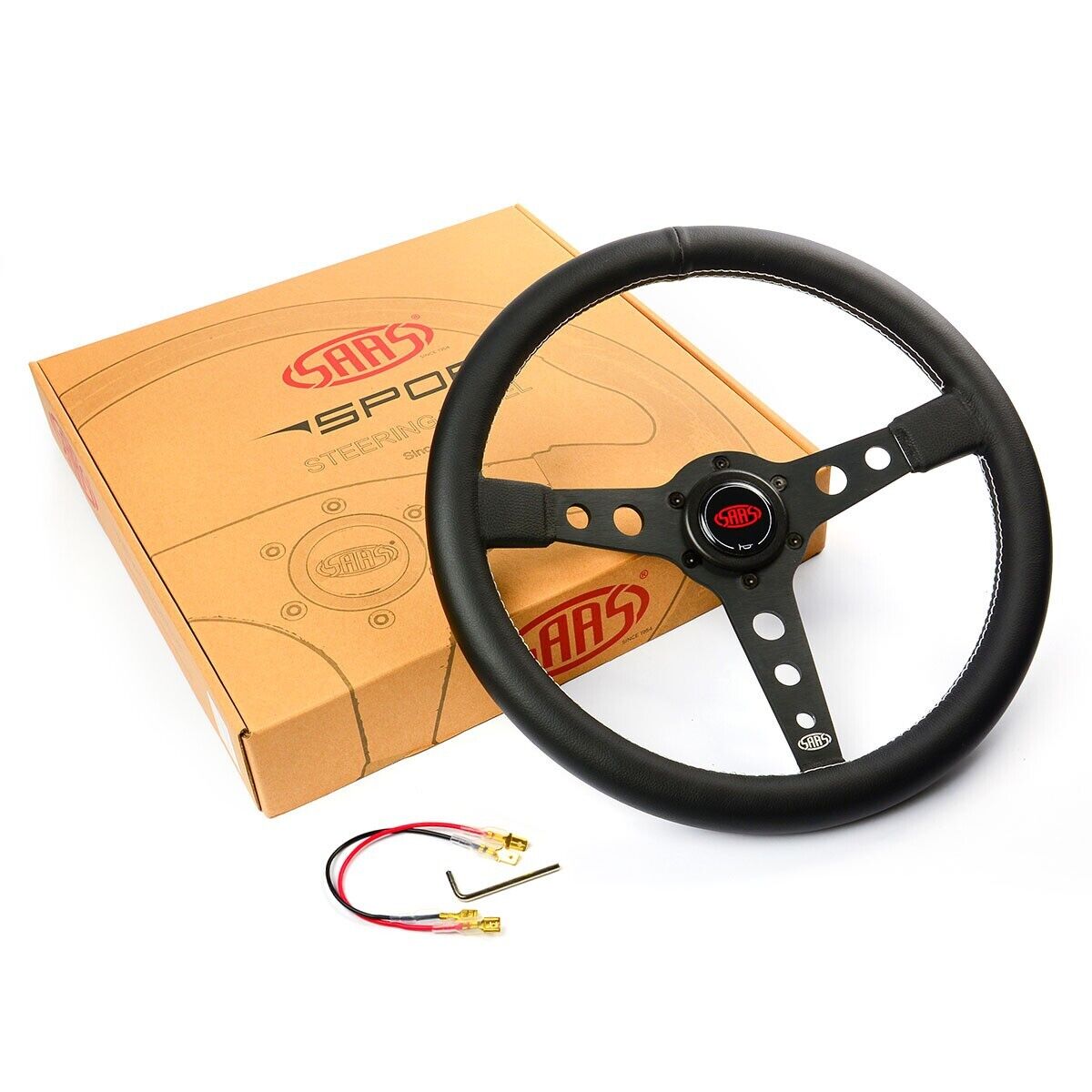 SAAS Steering Wheel Leatherette 14" ADR Retro Black Spoke White Stitching