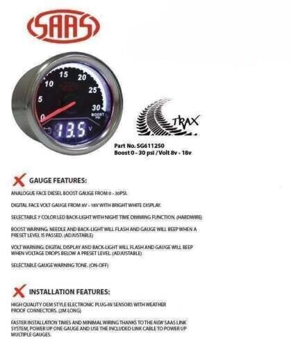 SAAS Trax Digital Dual Twin Reading Gauge Diesel Boost 0-30 PSI Volts 8-18 Volts