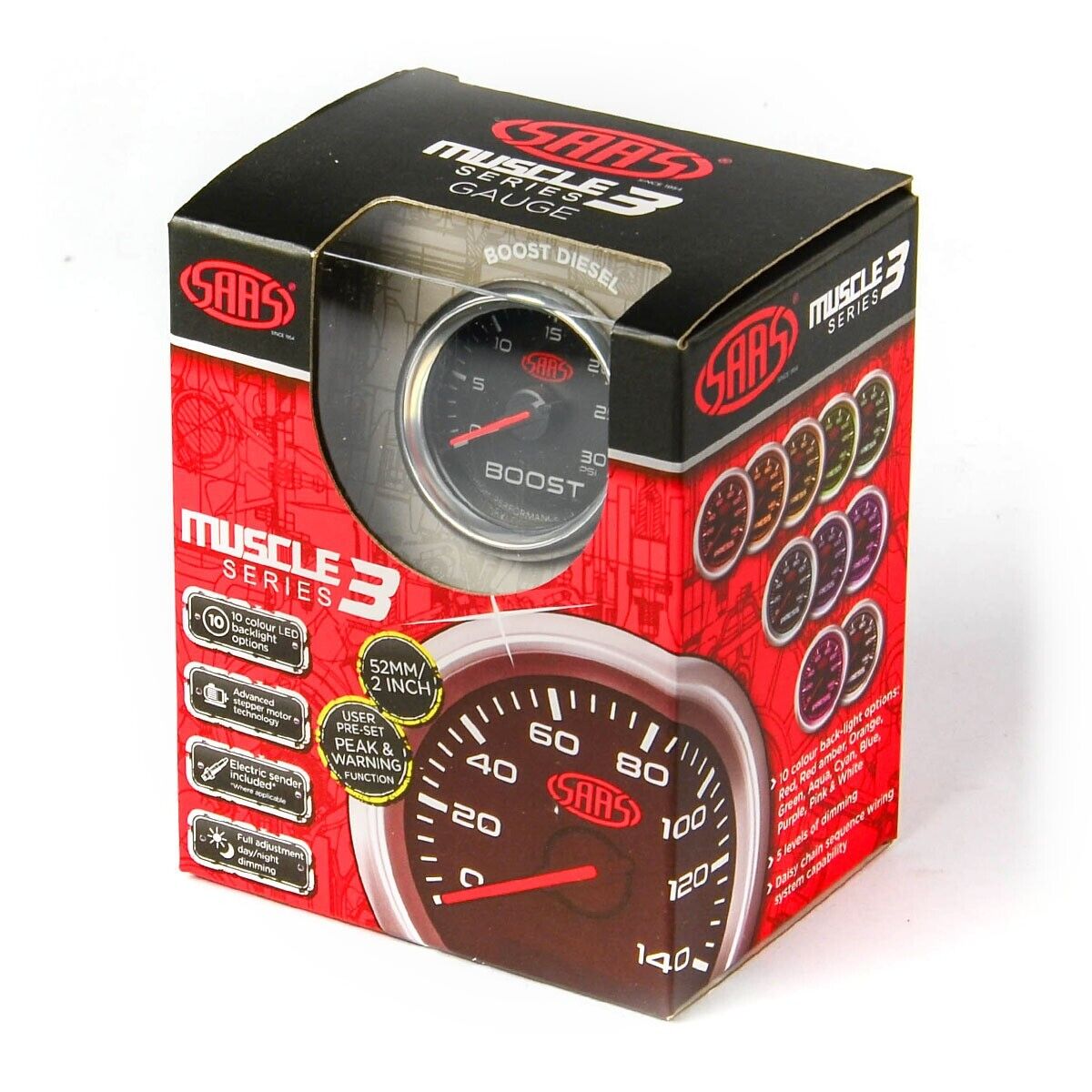 SAAS Boost Gauge Diesel 0-30 psi 52mm Black Muscle Series 3