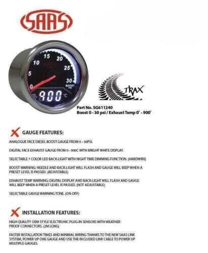 SAAS Trax Digital Dual Twin Reading Gauge Diesel Boost 0-30 PSI EGT Pyro 0-900 C