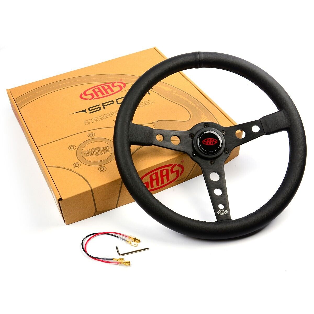 SAAS Steering Wheel Leatherette 14" ADR Retro Black Spoke Black Stitching