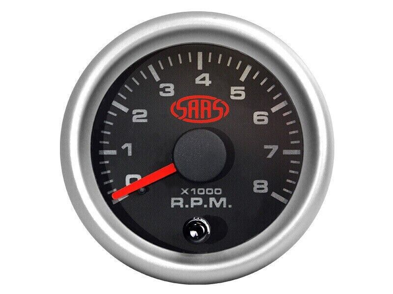 SAAS Tacho Tachometer 52mm Analog Gauge Black Face Silver Rim 4 Colour Lighting