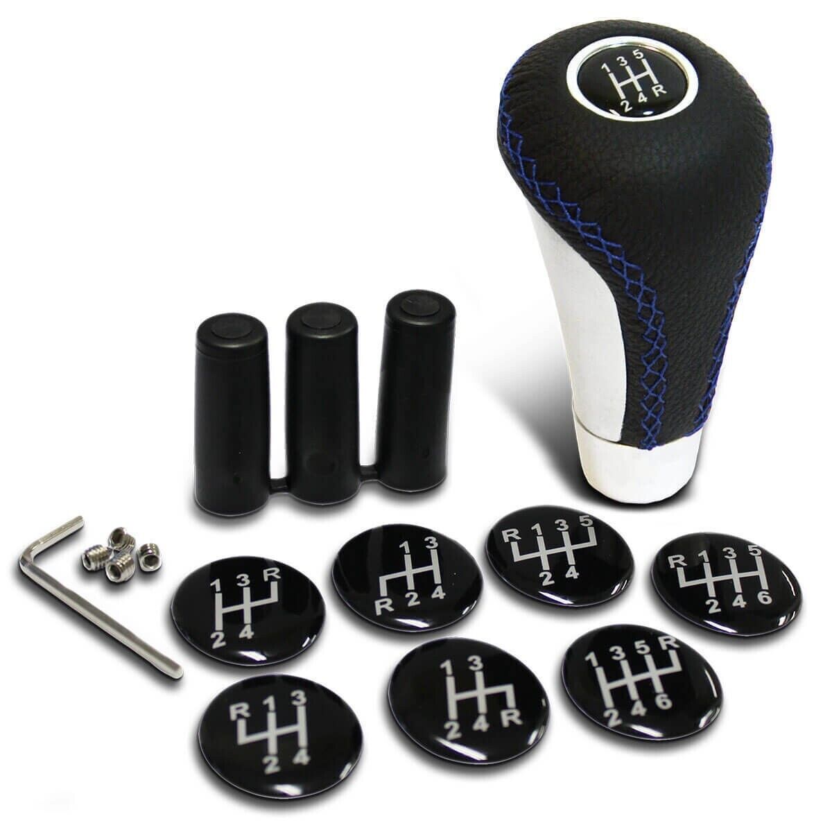 Leather Gear Knob Black With Blue Stitching & 8 Shift Patterns Insert