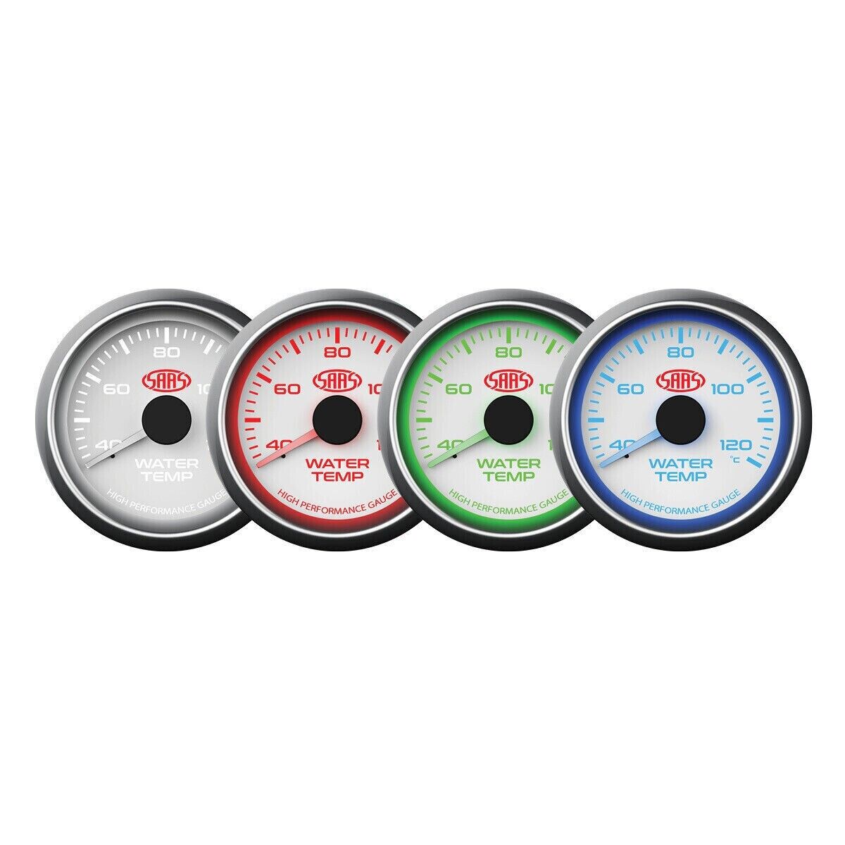 SAAS Performance Water Temp 40 > 120 Deg C 52mm Analog Gauge White Face 4 Colour