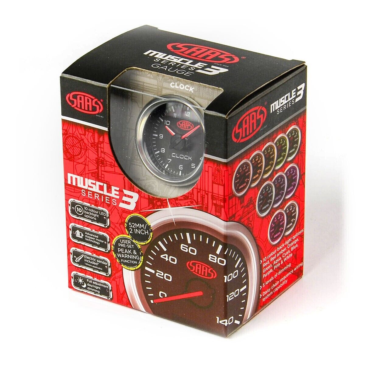 SAAS Clock Analogue Gauge 52mm Black Muscle Series 3 SG32294