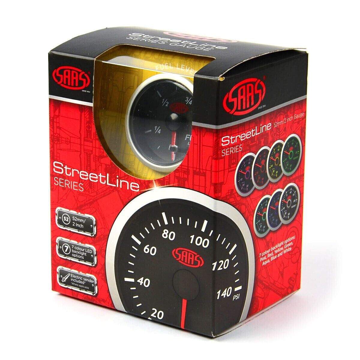 SAAS Streetline Series Fuel Sender & Fuel Level Gauge 52mm / 2" Black Face 7 LED