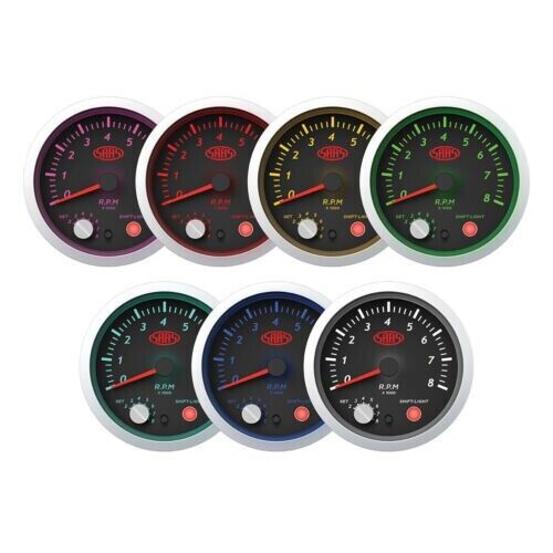 SAAS Tachometer Tacho 0-8K Shiftlite 3-1/2 Gauge 89mm Black Streetline Series