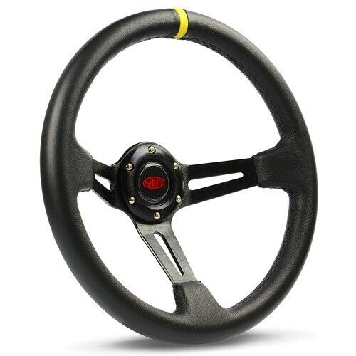 SAAS Steering Wheel Leather 350mm ADR Deep Dish Black Slotted + Indicator