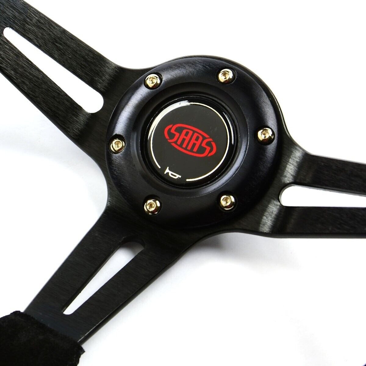 SAAS Steering Wheel Suede 350mm ADR Deep Dish Black Slotted + Indicator