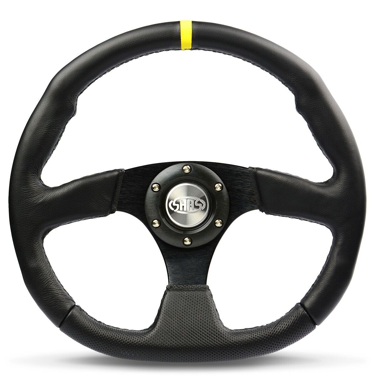 SAAS Steering Wheel Leather 350mm ADR Black Flat Bottom + Indicator