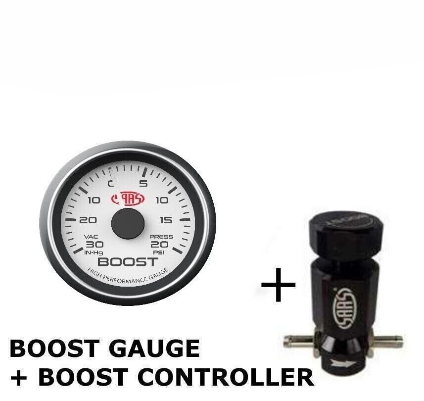 SAAS Turbo Boost Gauge Boost Controller 52mm 2in & -30hg > 20PSI White Petrol