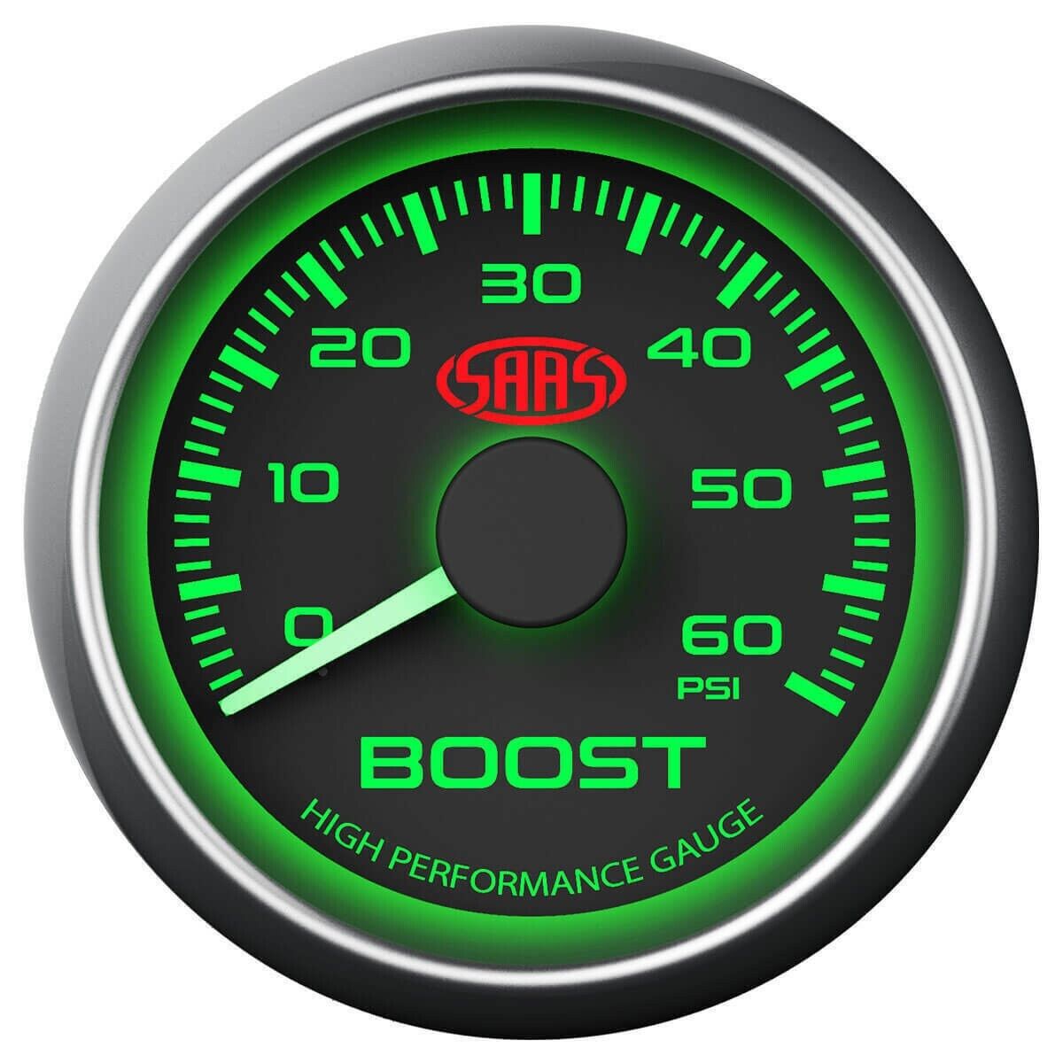 SAAS Supercharged Boost 52mm 2" 0-60 PSI Analog Gauge Black Face 4 Colour