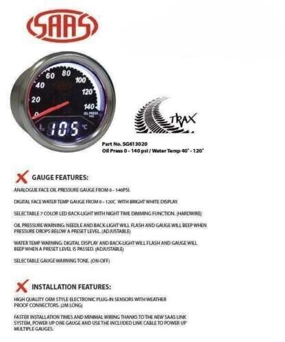 SAAS Trax Digital Dual Twin Reading Gauge Oil Pressure 0-140 PSI Water Temp >120