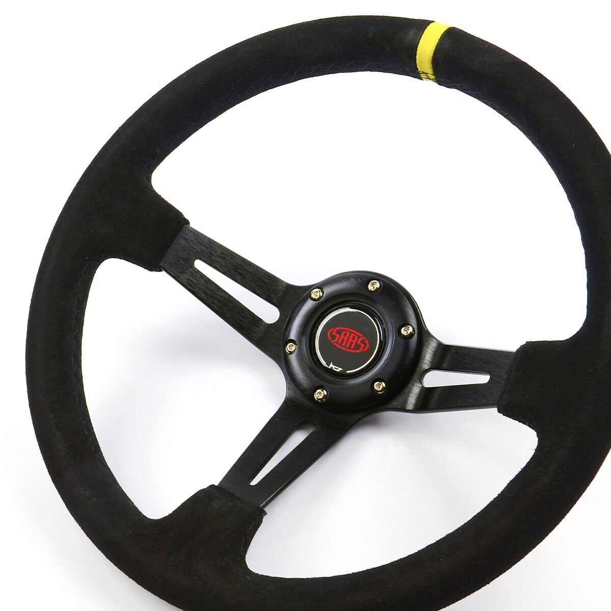 SAAS Steering Wheel Suede 350mm ADR Deep Dish Black Slotted + Indicator