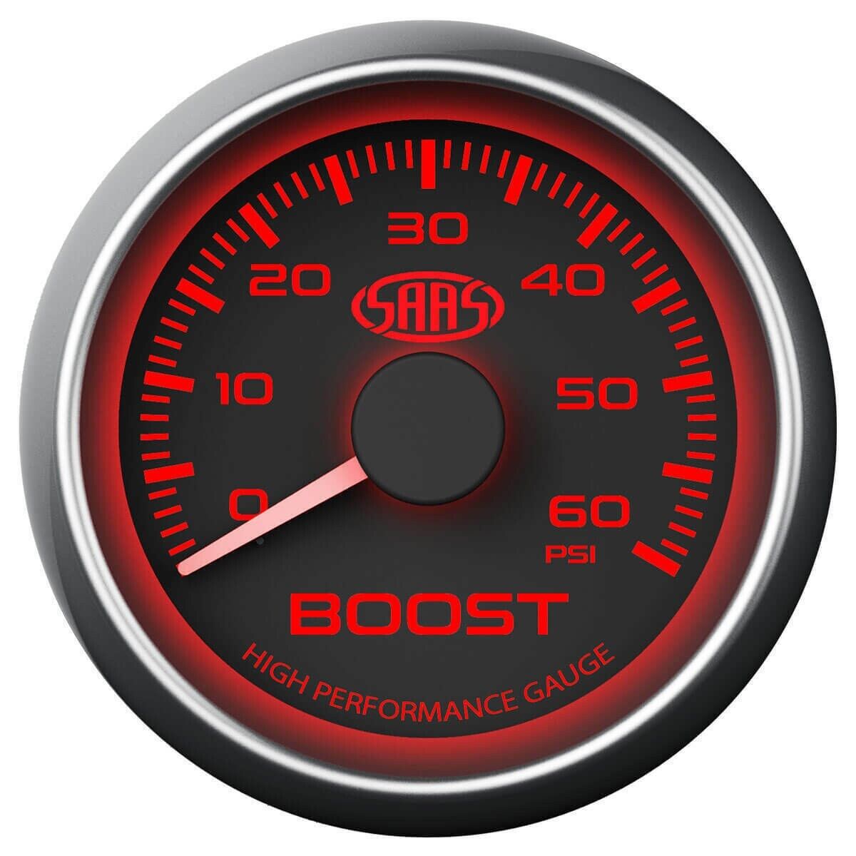 SAAS Supercharged Boost 52mm 2" 0-60 PSI Analog Gauge Black Face 4 Colour