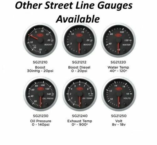 SAAS Streetline Series Boost 52mm 2in 30 IN-HG>20 PSI Gauge Black Face 7 Colours