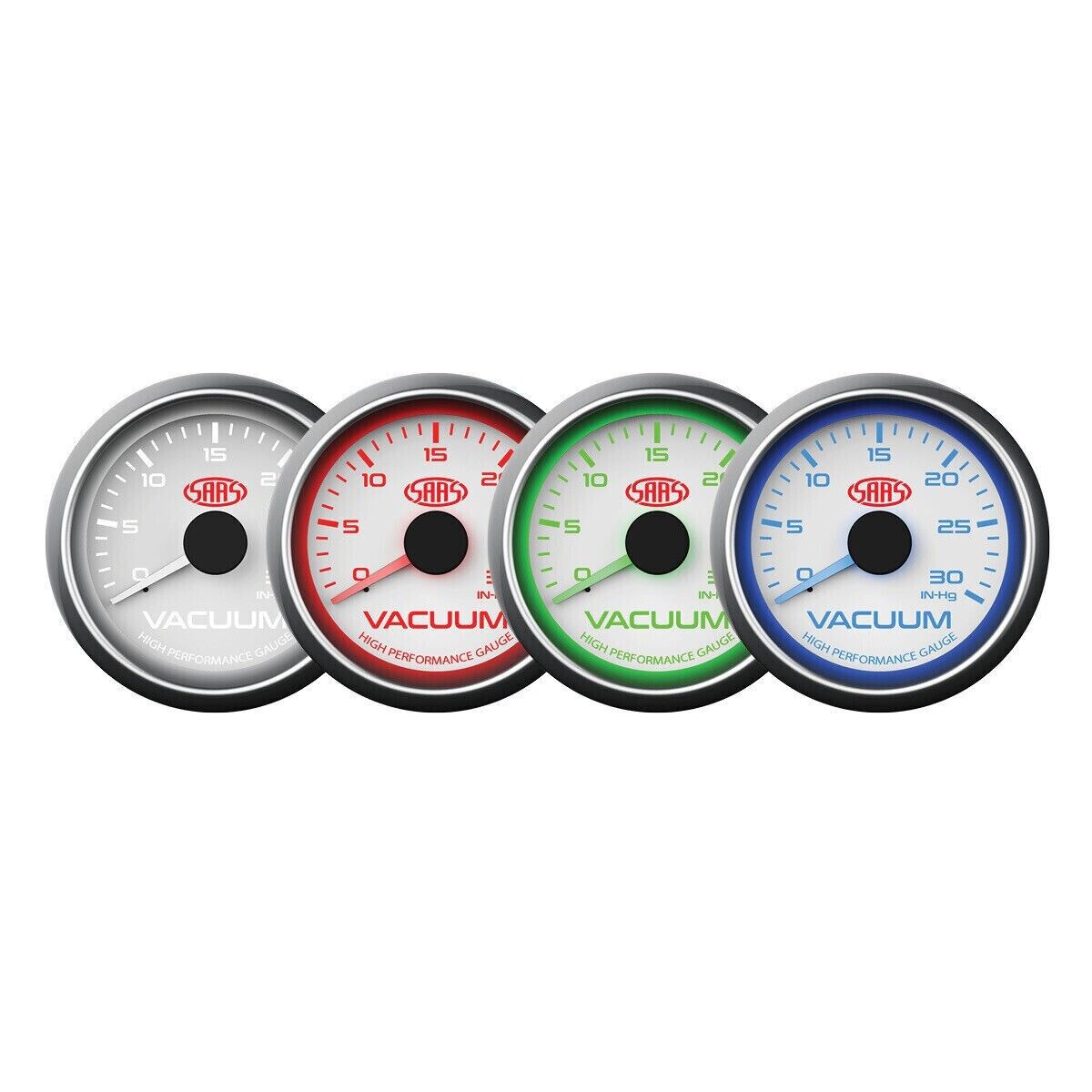 SAAS Vacuum 52mm 2in 0 > 30 in HG Analog Gauge White Face Grey Rim 4 Colour