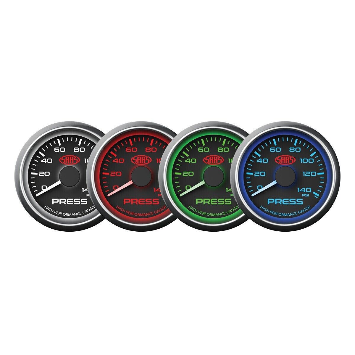 SAAS Performance Oil Pressure 0>140PSI 52mm Analog Gauge Black Face 4 Colour