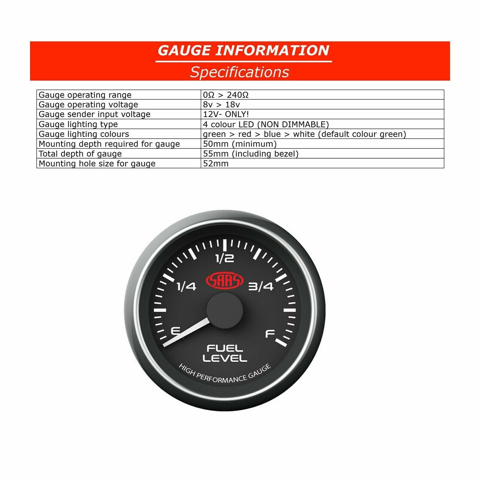 SAAS Fuel Level Gauge Muscle Series 52mm Black Uses Existing Fuel Tank Sender