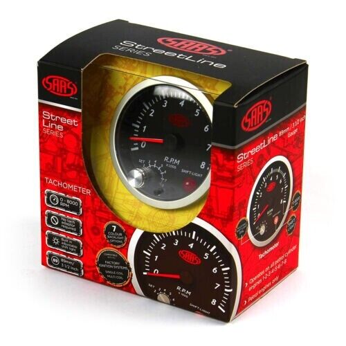 SAAS Tachometer Tacho 0-8K Shiftlite 3-1/2 Gauge 89mm Black Streetline Series