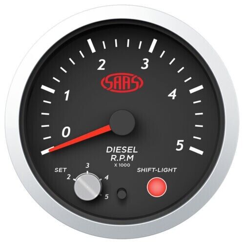 SAAS Tachometer Tacho Diesel 0-5K Shiftlite 3-1/2 Gauge 98mm Black Streetline